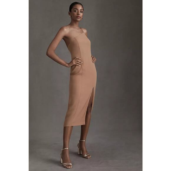 BHLDN Dresses & Skirts - NWOT BHLDN Tan Beige One Shoulder Anamaria Georgette Midi Dress Women's size 12
